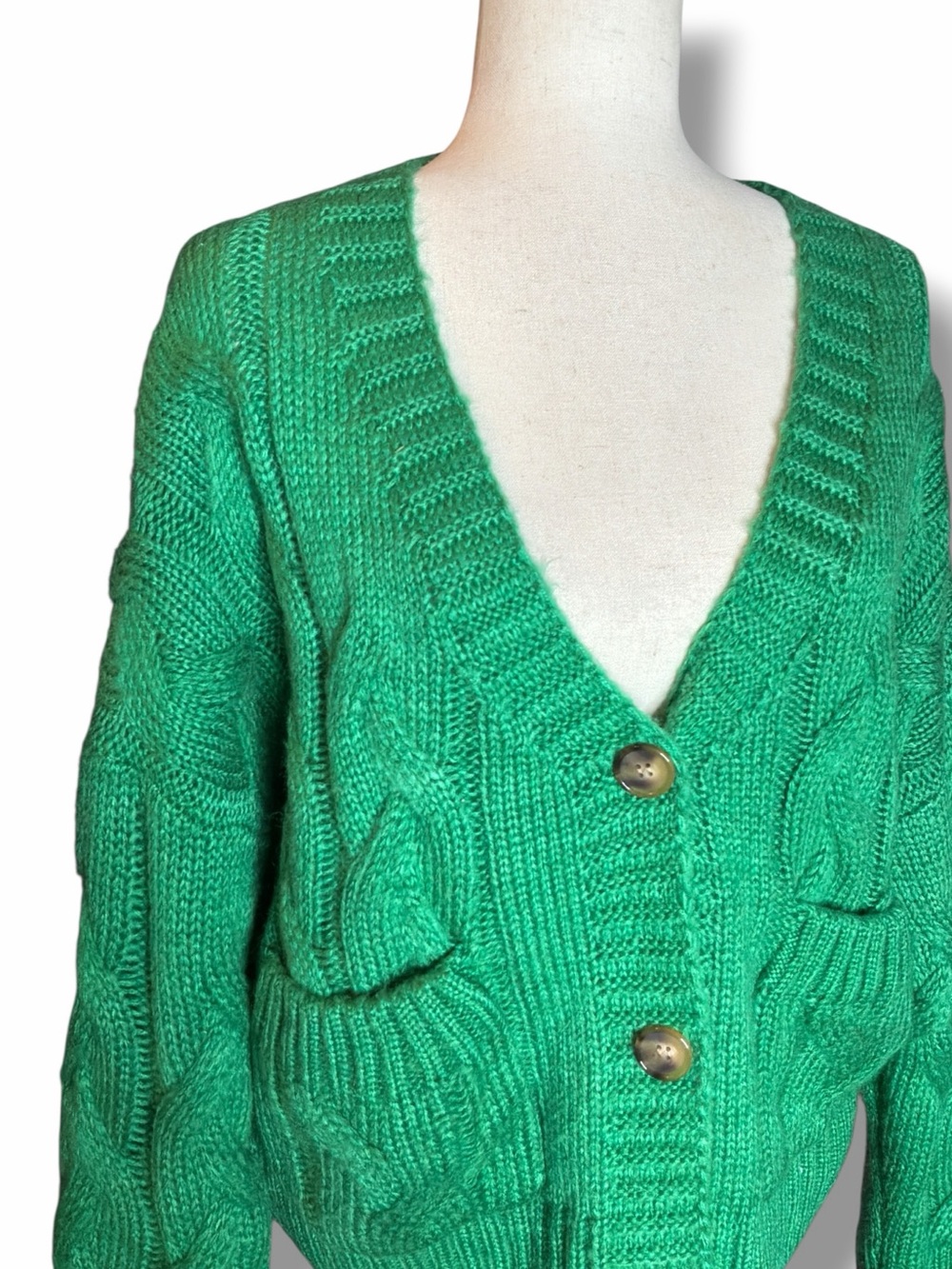 Callahan Kelly Green Cable Knit Chunky Button Up Cardigan Size XSmall